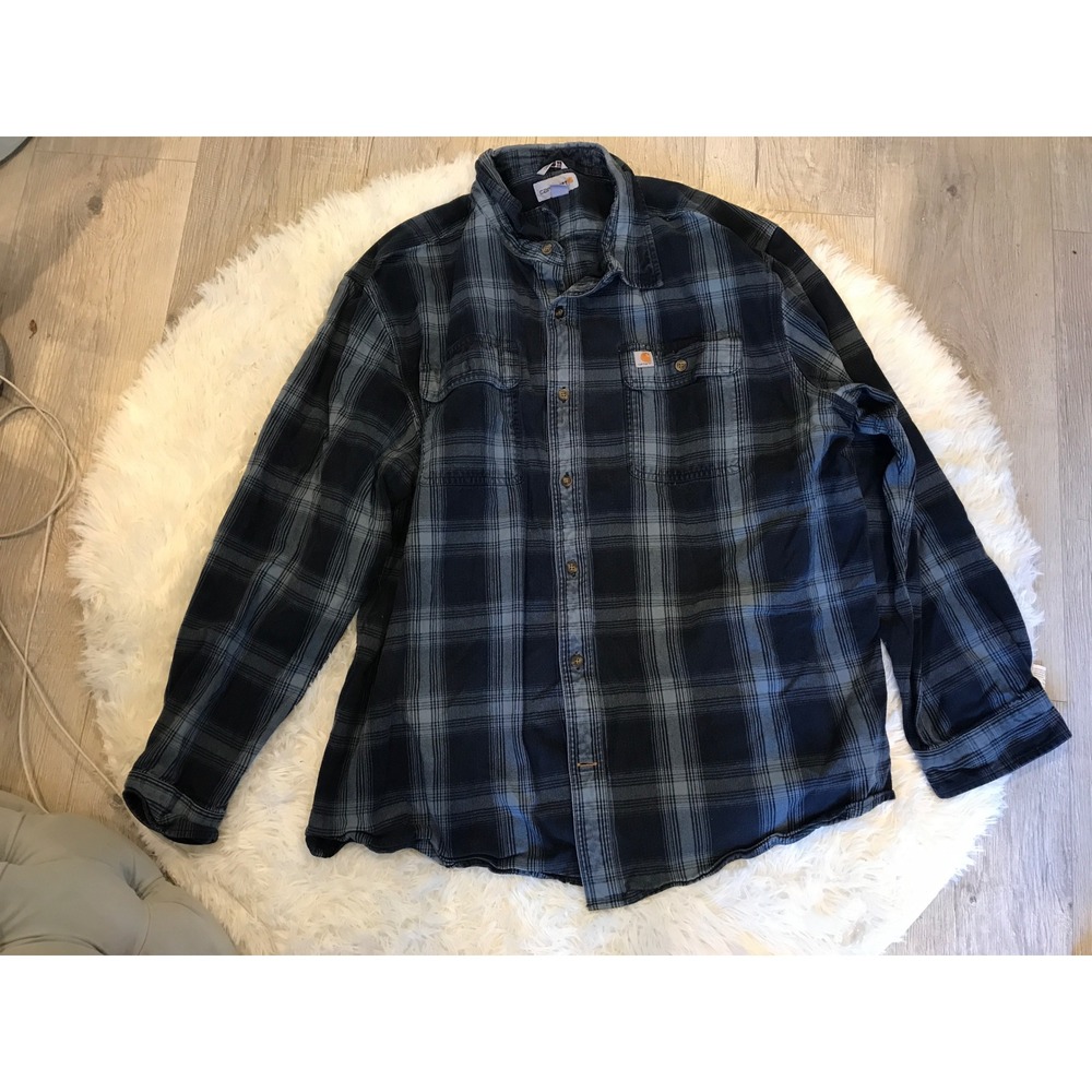 Carhartt Mens 2XL Plaid Shirt Blue Grey Long Sleeve Original Fit Cotton